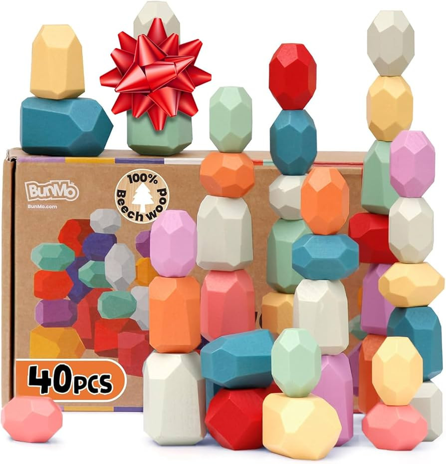 BUNMO Wooden Stacking Rocks 40pcs - Montessori Toys for 1 + Year Old - Stimulating Creative & Ima... | Amazon (US)