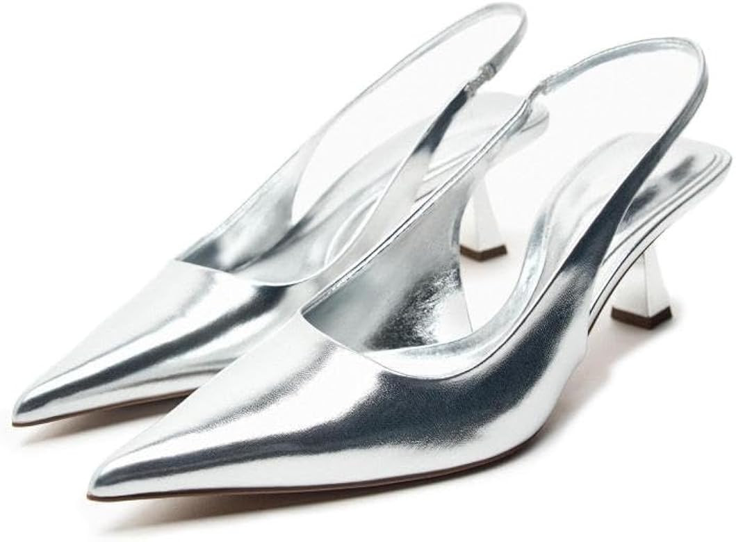 DREAMCIA Slingback Pumps Shoes Metallic Silver Shoes for Women with Pointed Toe | Amazon (US)