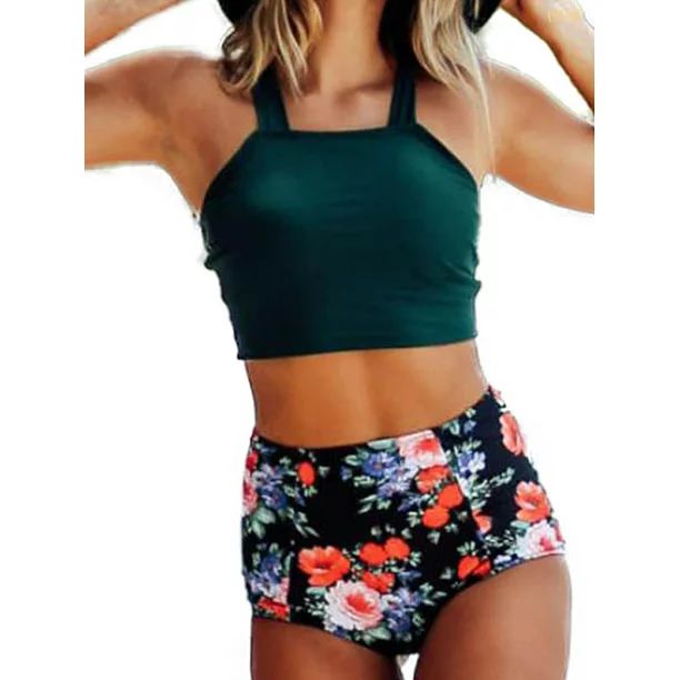 2Pcs Women Padded Bikini Set High Waist Strappy Swimsuit Swimwear Crop Top Floral | Walmart (US)