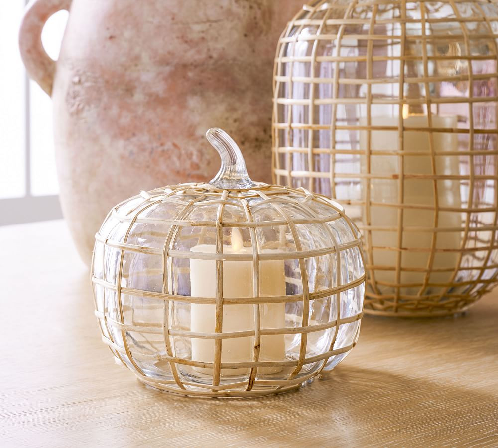 Palm Rattan Recycled Glass Pumpkin | Pottery Barn (US)
