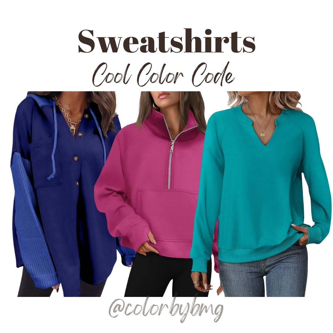 Cool Color Code Sweatshirts

Colors:
1. Navy Blue
2. Hot Pink
3. Turquoise 

Cool winter
True winter
Cool summer 
True summer 

#LTKFindsUnder50 #LTKStyleTip