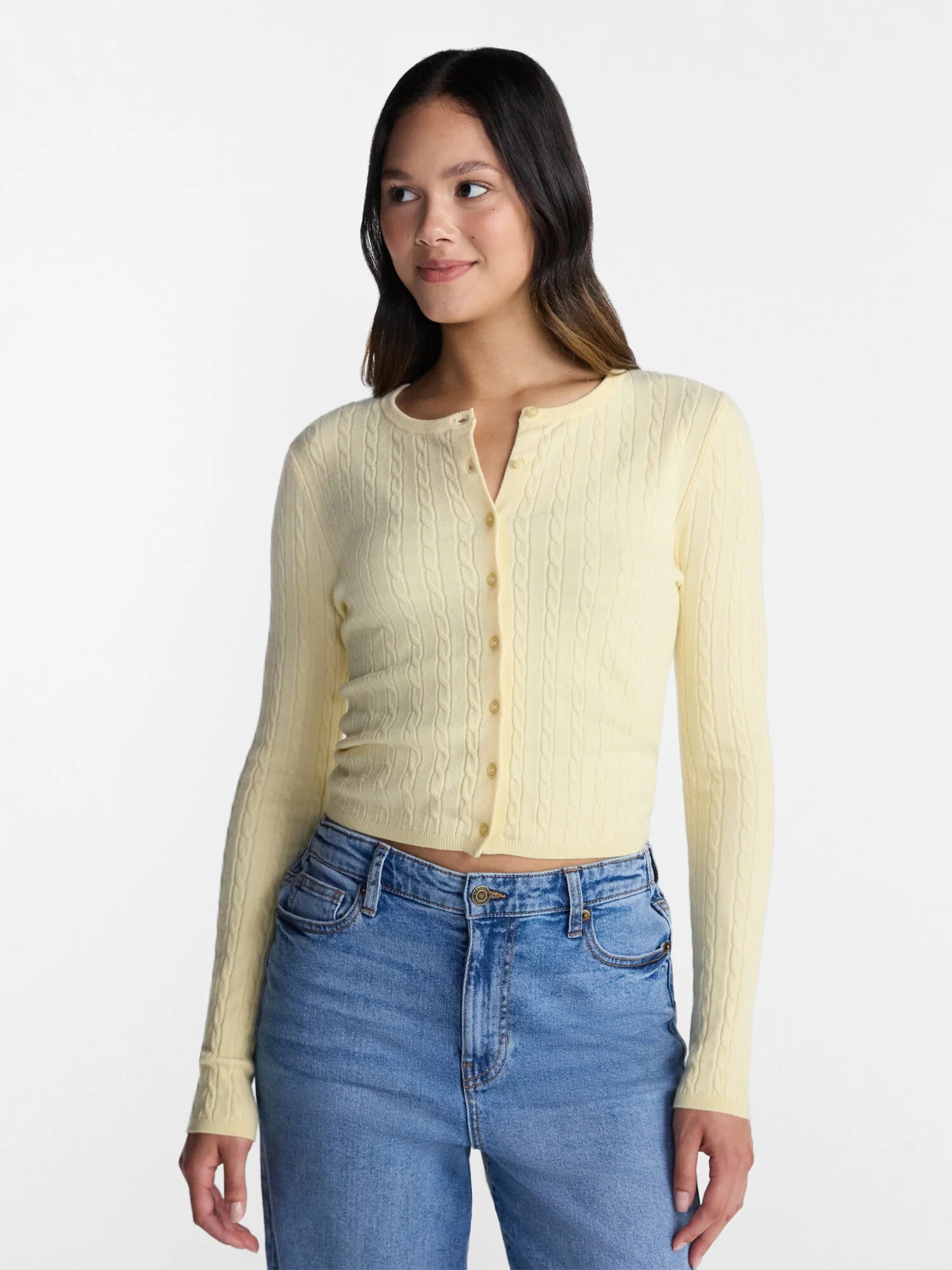 No Boundaries Cable Knit Crewneck Cardigan, Women's XXS-4X | Walmart (US)