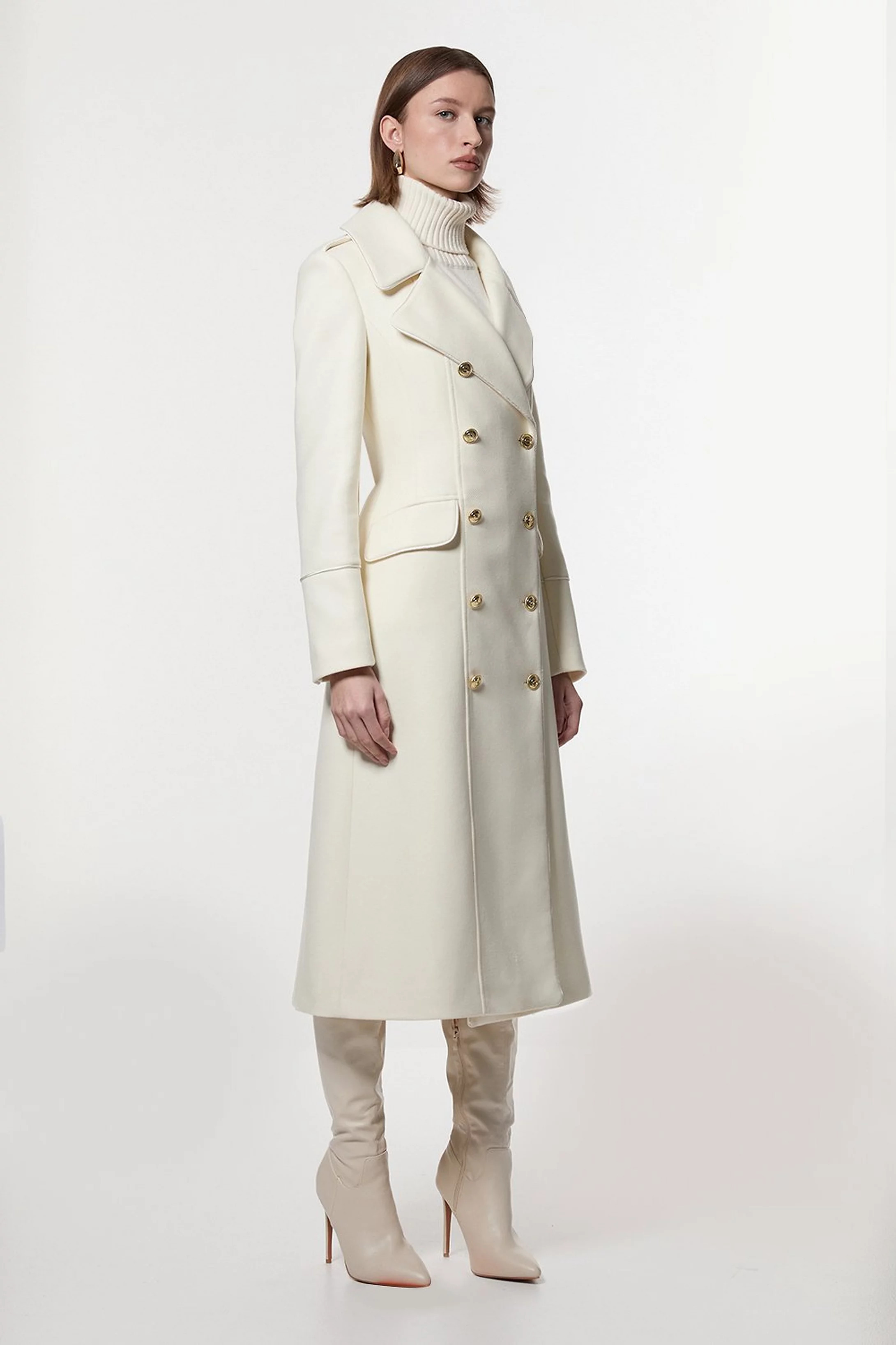 Premium Italian Manteco Wool Military Double Breasted Tailored Midi Coat | Karen Millen | Karen Millen US