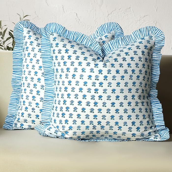 CPC Arctic Blue Hand Block Print 100% Cotton Ruffle Throw Pillow Cover 18x18 inch with Hidden Zip... | Amazon (US)
