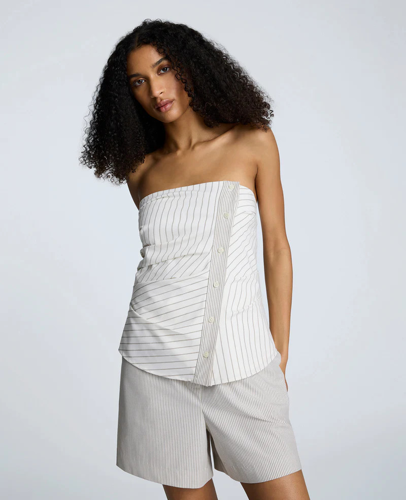 Cotton Stripe Strapless Rouched Fitted Bustier Top | Kenneth Cole