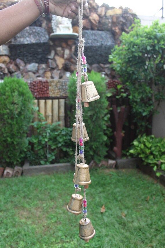 5 Vintage Bells Hanging Chime Mobile String Decoration 72 cm Length Bells on Jute Rope | Etsy (US)