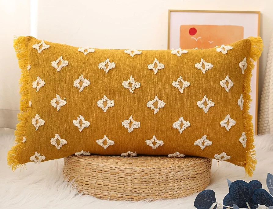 Boho Long Lumbar Pillow Cover 14x20 with Tassel,3D Flower Patterned Cotton Decorative Long Lumbar... | Amazon (US)