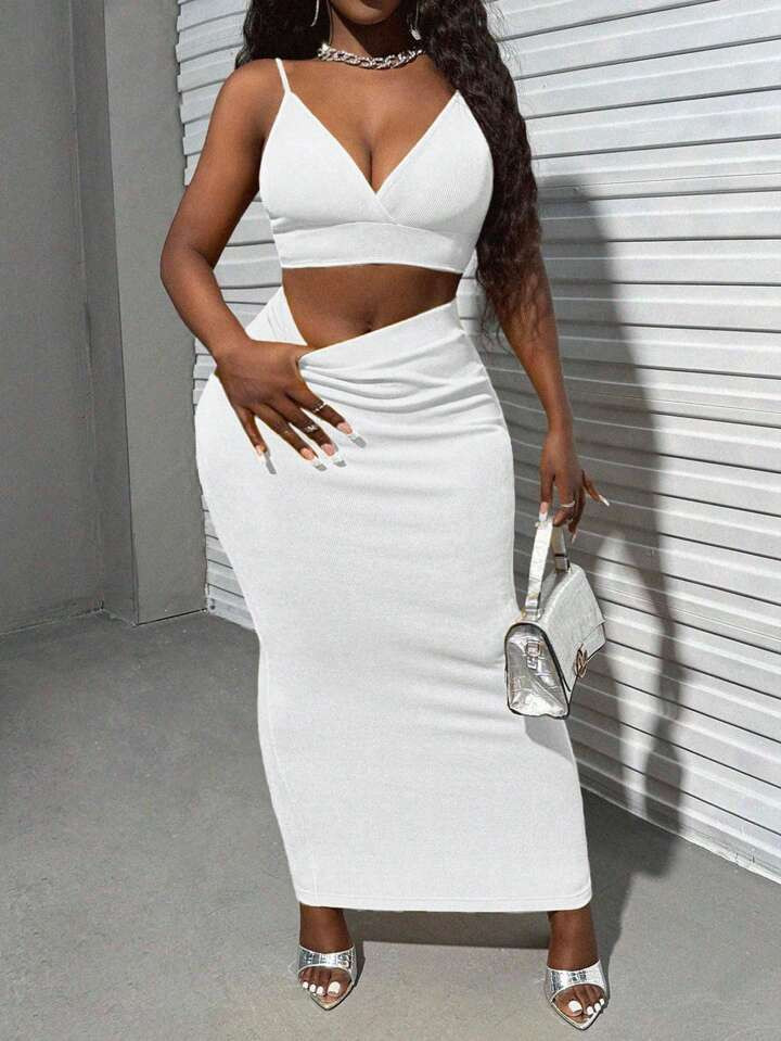 SHEIN Slayr Music Festival Summer Spaghetti Strap Ribbed Cami Top & Midi Ribbed Skirt Yellow Set ... | SHEIN