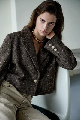 Eleanor Crop Houndstooth Blazer in Light Wool-Blend | Fabrique
