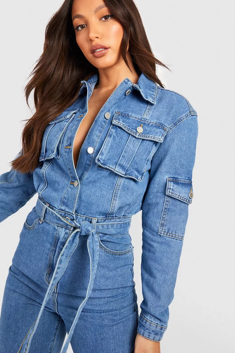 Tall Belted Tapered Cargo Denim Boilersuit | Boohoo.com (NL)
