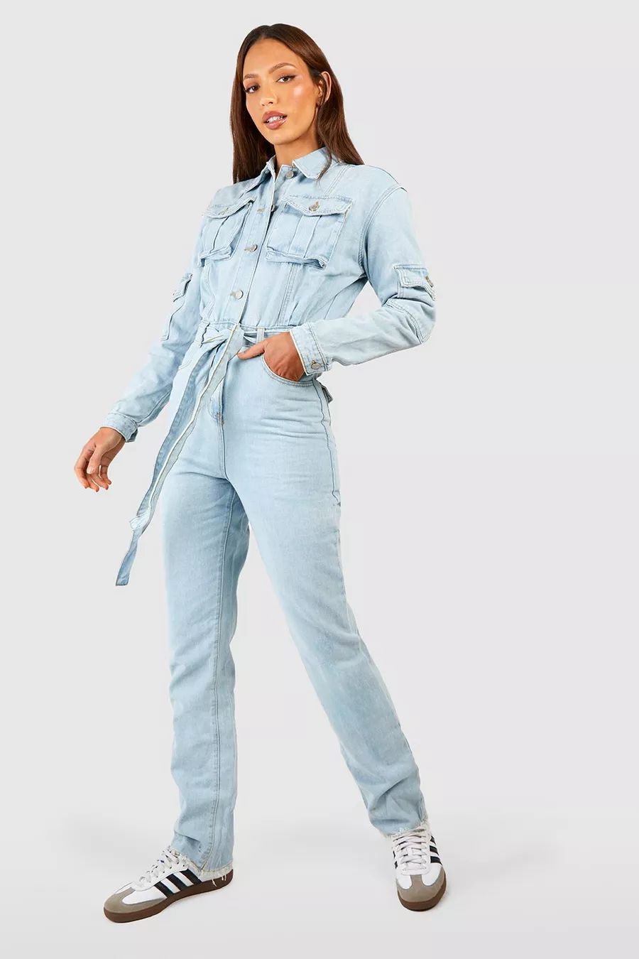 Tall Belted Tapered Cargo Denim Boilersuit | Boohoo.com (NL)
