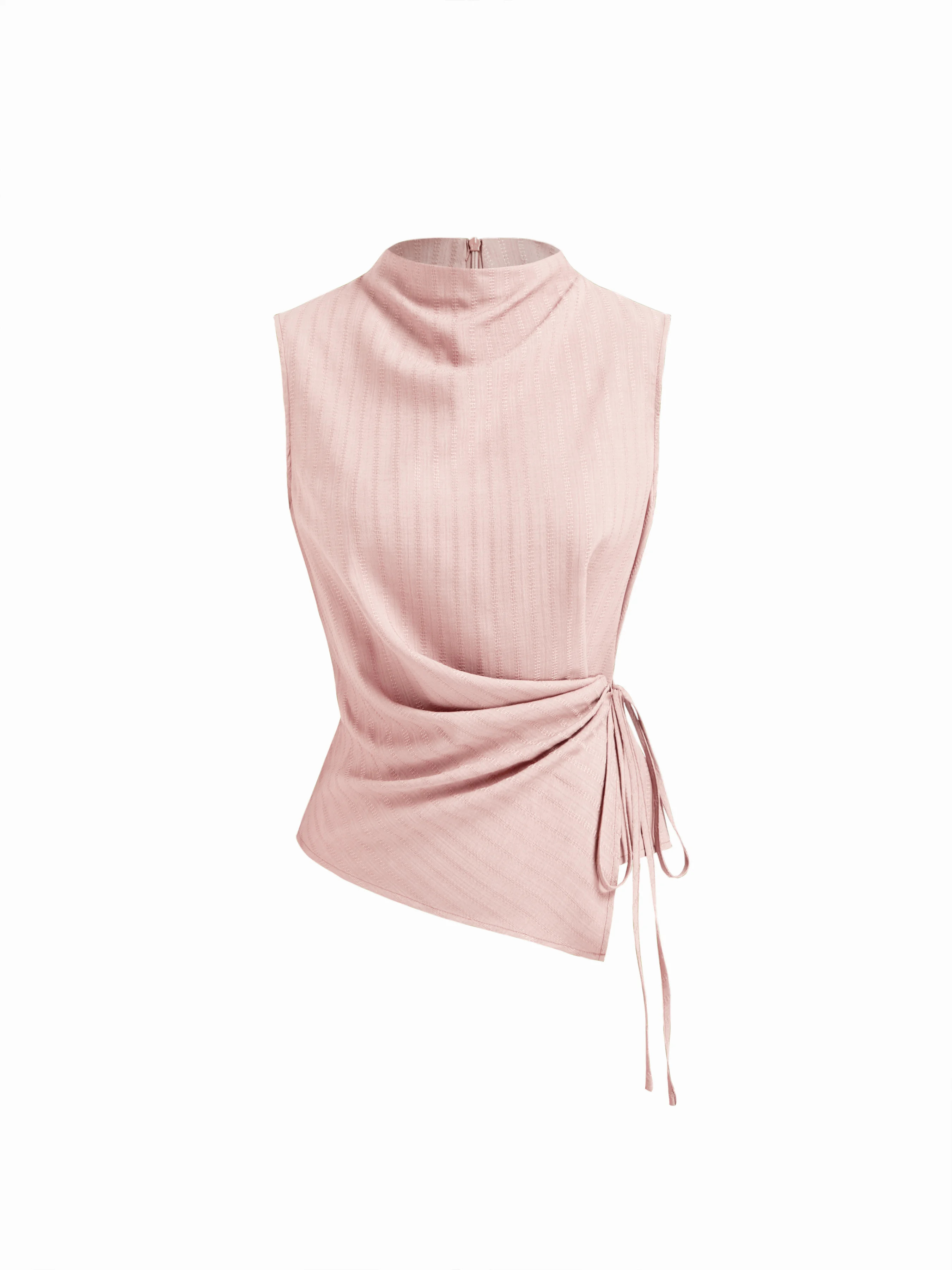 Stand Collar Texture Ruched Knotted Tank Top | Cider