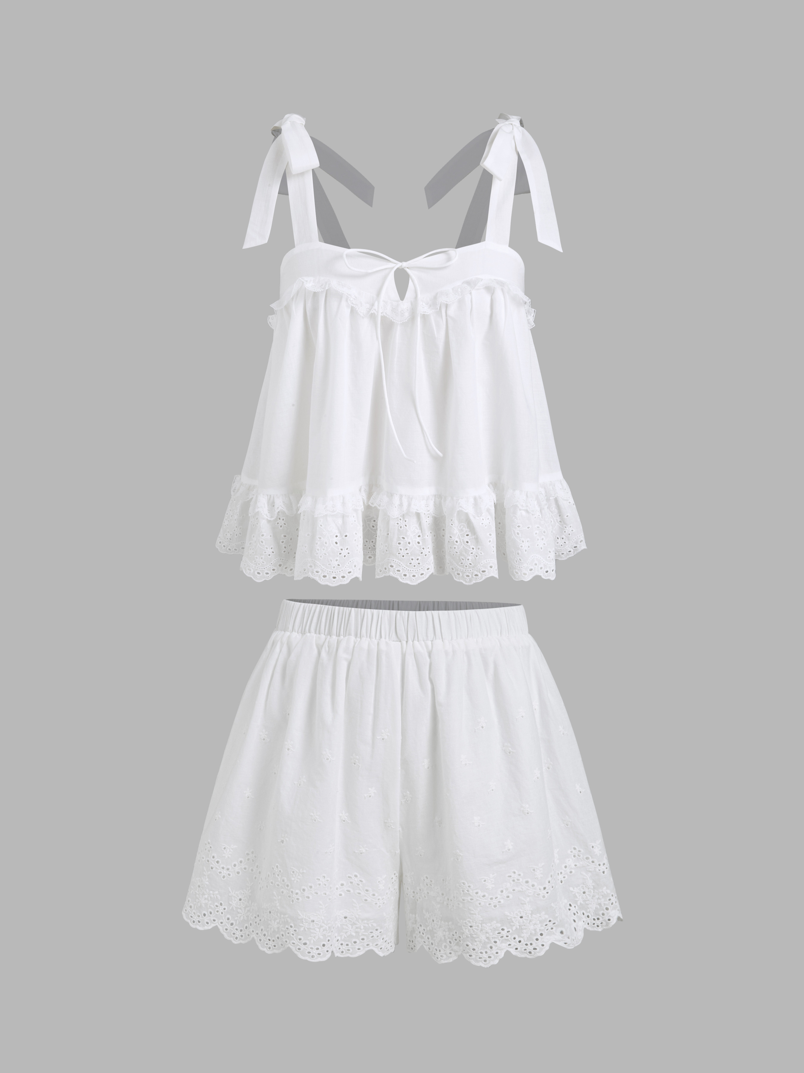 Woven Cotton Broderie Anglaise Lace Trim Bowknot Top & Mid Rise Elastic Waist Shorts Set For Vaca... | Cider