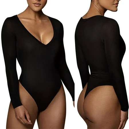 gyujnb Body Suits For Womens V Neck Long Sleeve Black Body Suit Tummy Control Shapewear For Dresses  | Walmart (US)