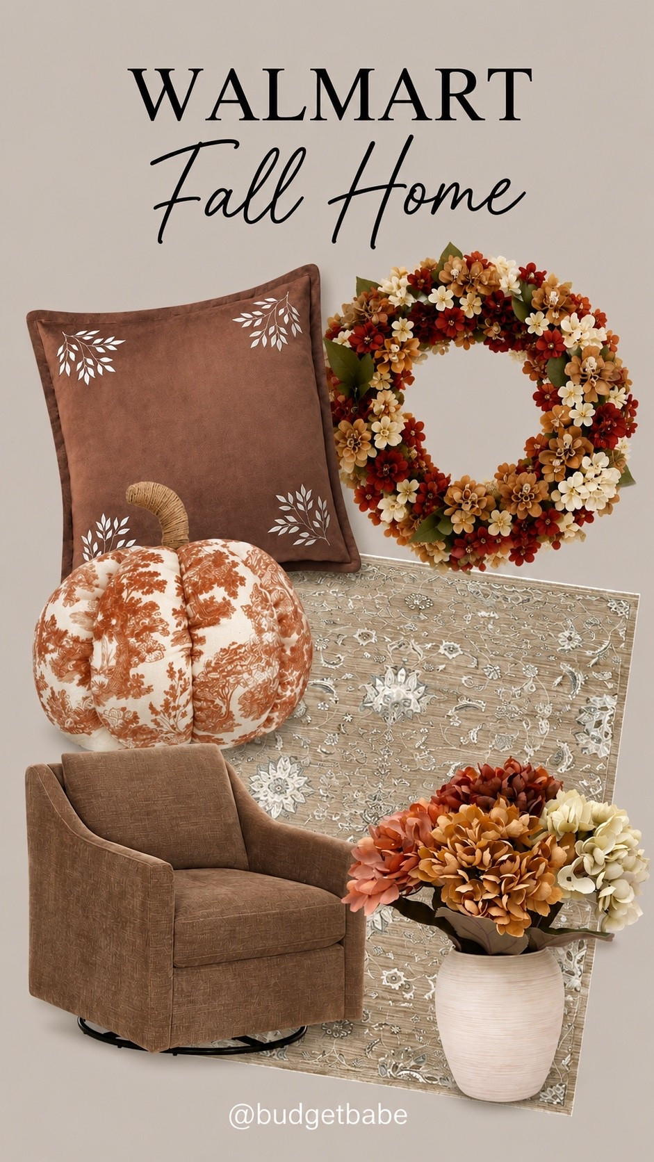 Walmart fall home finds, affordable fall wreath, pillow, plush pumpkin, upholstered chair, area rug and faux floral arrangement. #walmarthome

#LTKHome