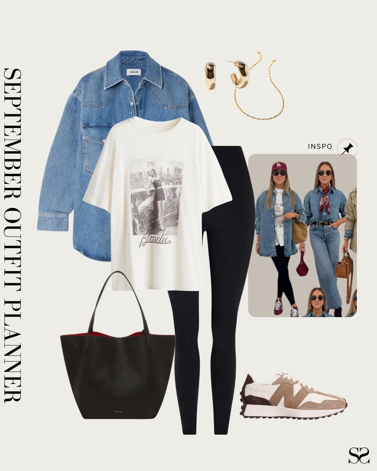 Monthly outfit planner SEPTEMBER: Summer to Fall outfits | graphic tee, denim jacket, leggings, leather tote, trainer sneakers 

#summertofall #transitionalstyle #falloutfit #classicstyle #casualstyle #weekendoutfit

Image inspo credit: @missy_elz

#LTKStyleTip
