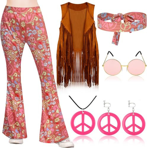 Jenaai 7 Pcs Kids 60s 70s Hippie Outfits for Girls Costume Set Boho Flared Pants Hippie Outfits Accessories Set (Rustic,Small) | Amazon (US)