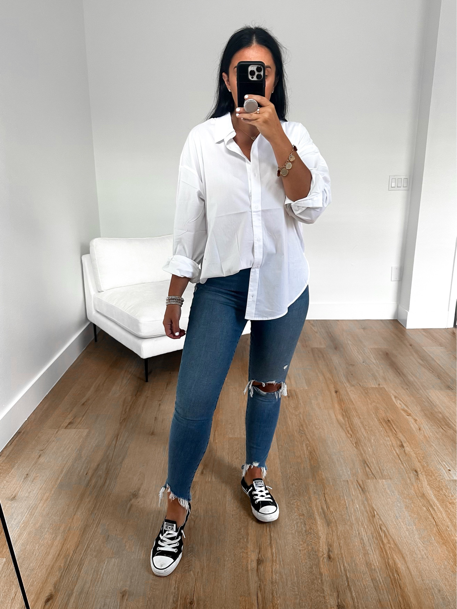 Converse Chuck Taylor All Star Shoreline Slip-On Sneaker. Distressed Skinny Poplin Boyfriend Portofino Shirt wearing size medium. 
