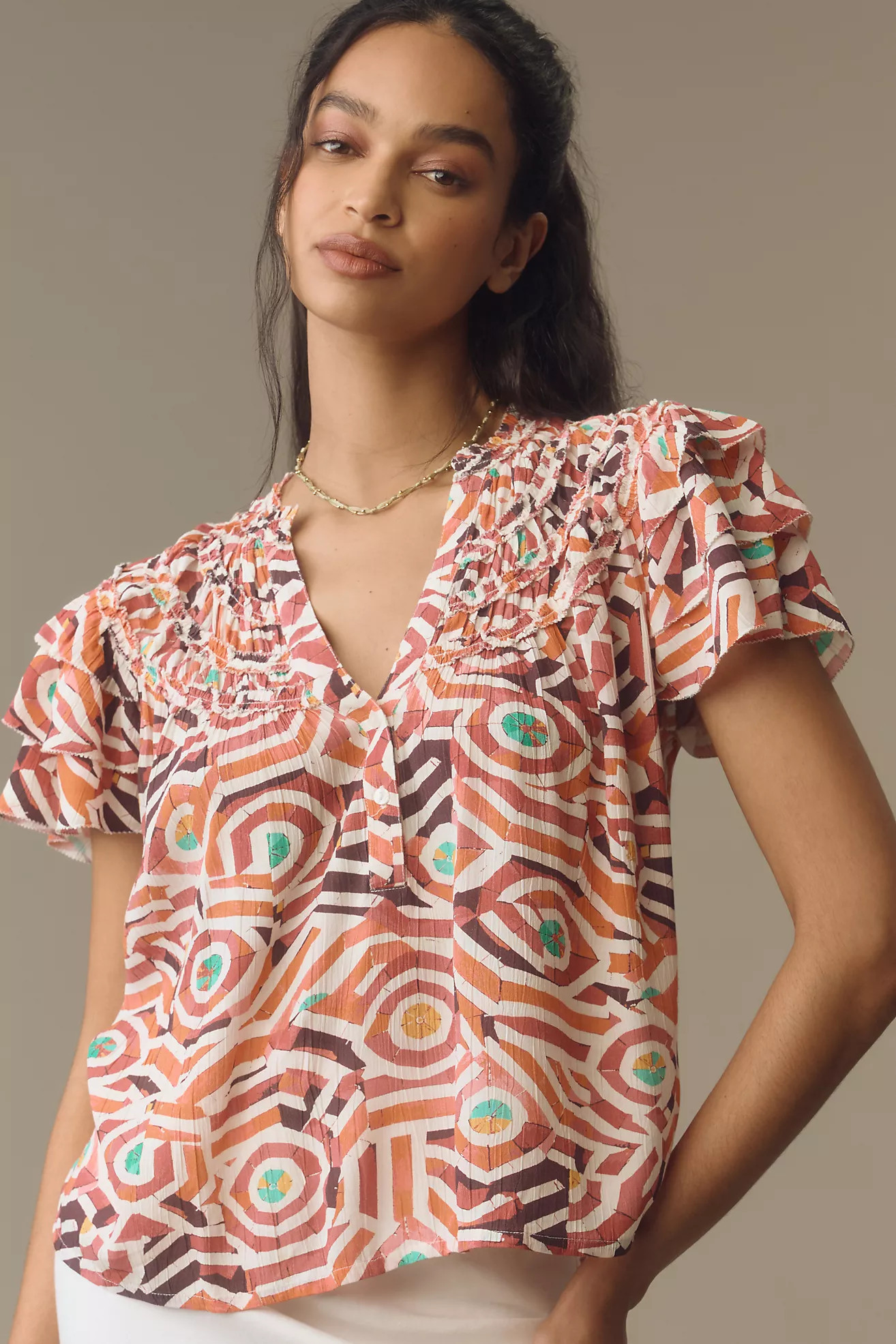 Maeve Short-Sleeve Ruffle Yoke Blouse | Anthropologie (US)