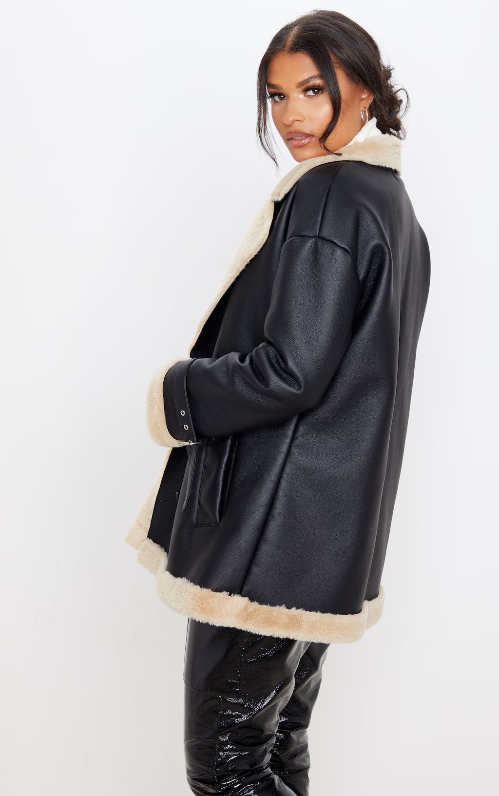 Black Faux Fur Trim PU Vintage Style Coat | PrettyLittleThing US