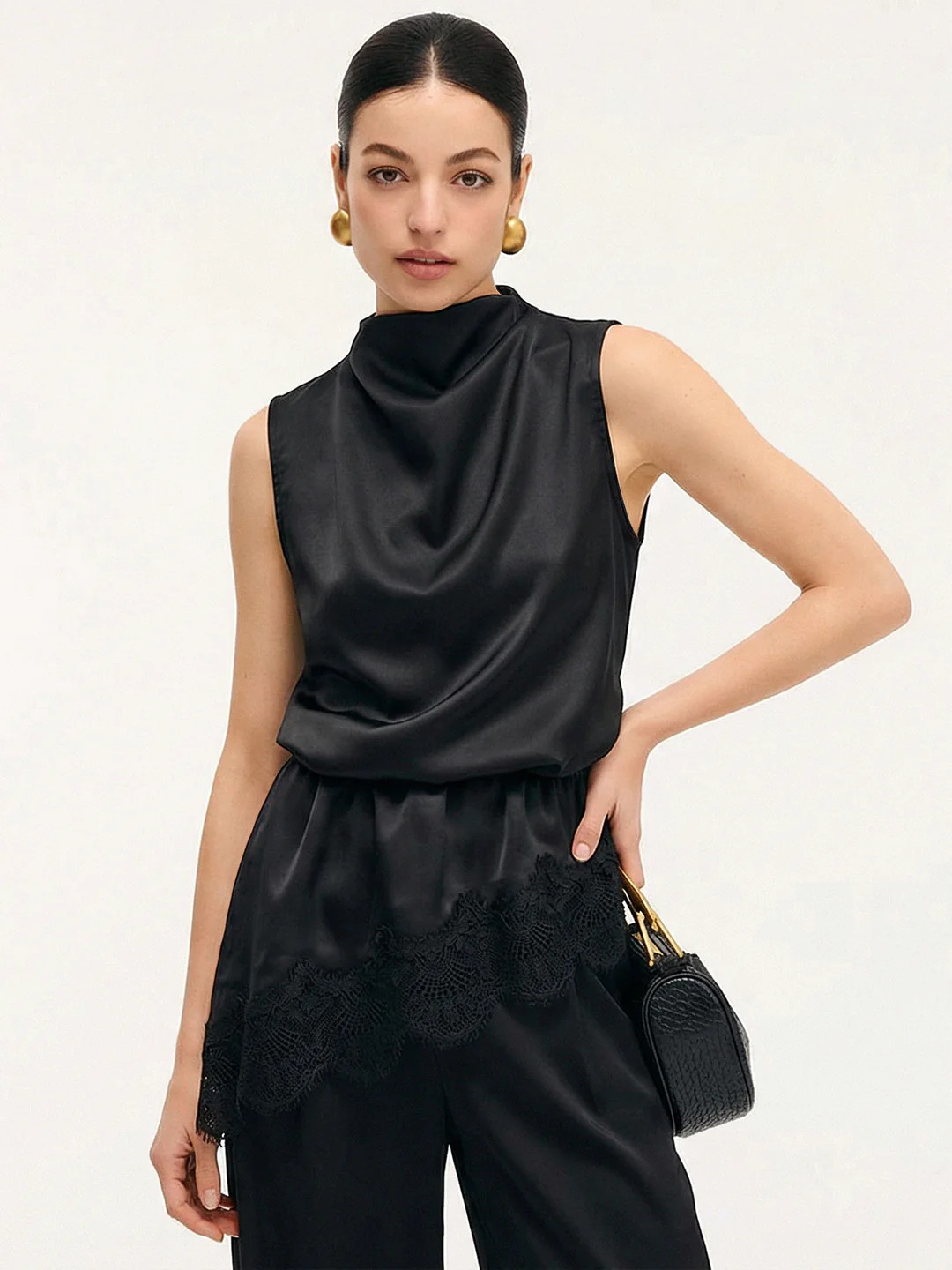 Lace Trim Satin Sleeveless Blouse | Commense