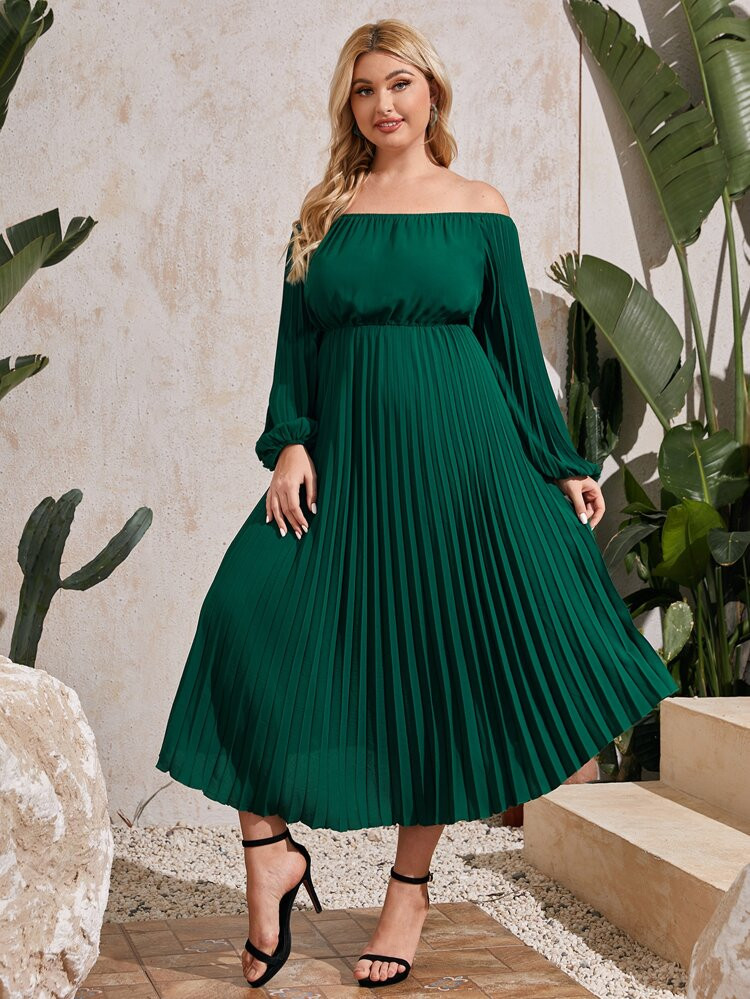 SHEIN Plus Off Shoulder Lantern Sleeve Pleated Dress | SHEIN