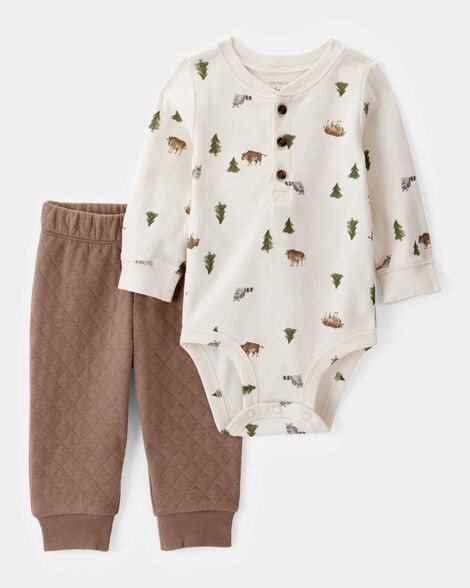 Baby Boy 2-Piece Woodland Print Long-Sleeve Bodysuit & Quilted Pant Set - Ivory/Brown | Carter's Inc