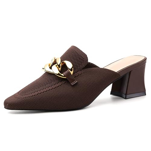 NEWBELLA Mules Shoes for Women Mousse Fit Women Heeled Mules Knit Pointed Toe - Elegant Comfortable Stylish Mesh Pointed Toe Heels Eye-catching Chain for Casual and Formal Occasions Coffee | Amazon (US)