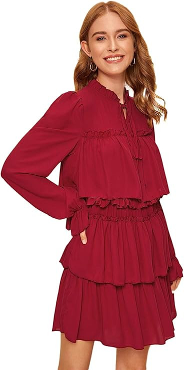 SOLY HUX Women's Vintage Long Sleeve Tie Neck Ruffle Trim Layered Mesh Sheer Mini Dress | Amazon (US)
