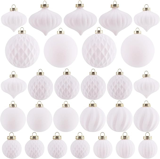 Flocked Ornaments for Christmas Tree Decorations - 28pcs White Velvet Ball Ornament for Xmas Holi... | Amazon (US)