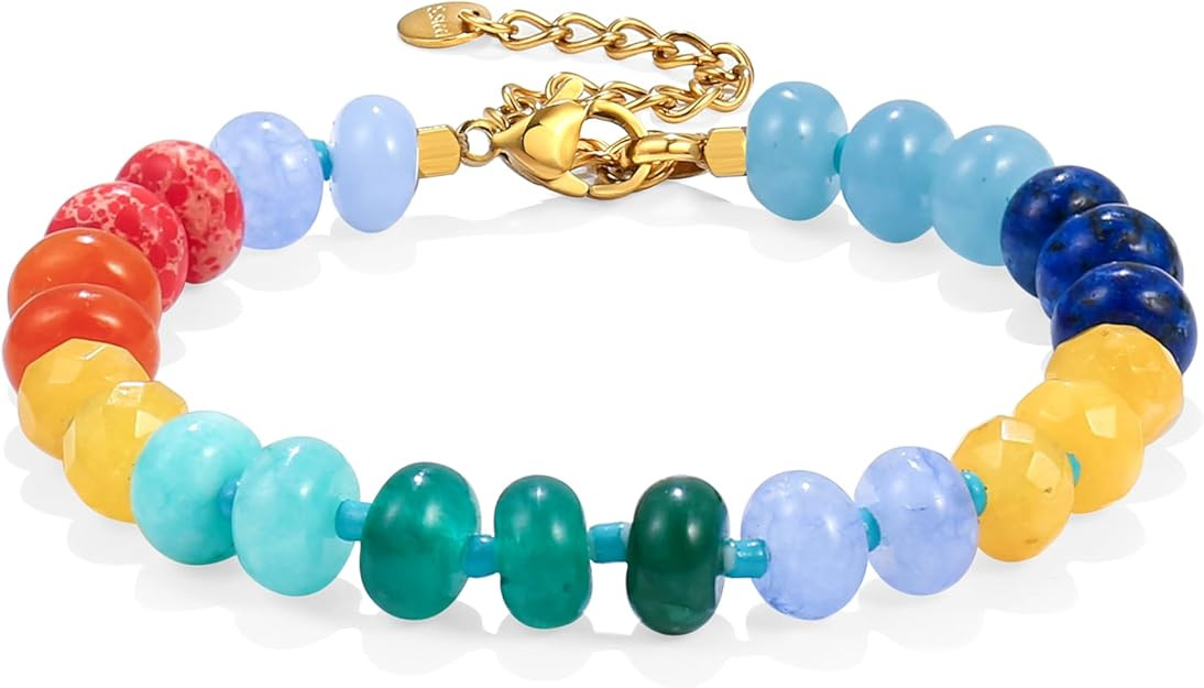 Gemstone Beaded Bracelet for Women Colorful Natural Stone Freshwater Pearl Surfer Beach Rainbow B... | Amazon (US)