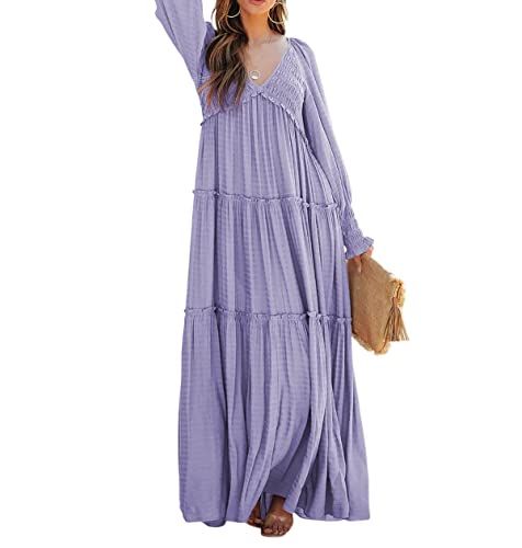 R.Vivimos Maxi Dress for Women Long Sleeve V Neck Empire Waist Layered Ruffle Boho Casual Flowy L... | Amazon (US)