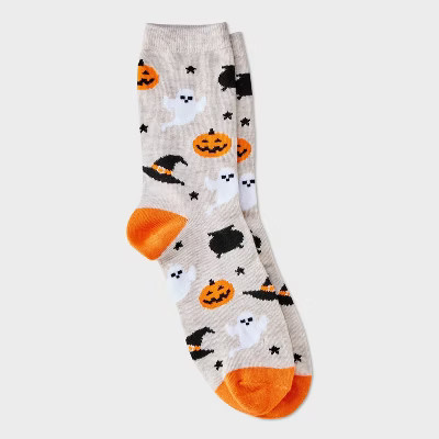 Women's Halloween Icons Crew Socks - Hyde and EEK! Boutique™ Oatmeal Heather/Orange/Black 4 - 10 | Target
