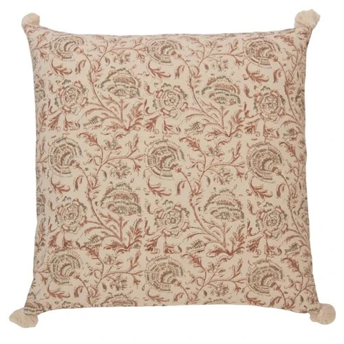 Willa French Country Beige Cotton Floral Throw Pillow Cover - 24x24 | Kathy Kuo Home