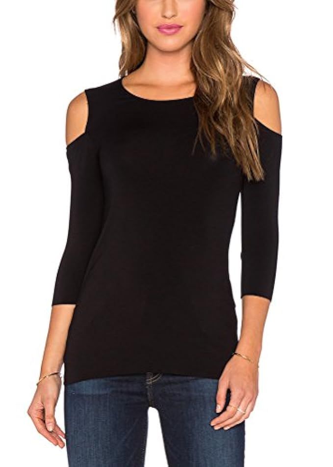 Mippo Women's Sexy Slim Fit Cold Shoulder 3/4 Sleeve Stretchy Shirt Casual Blouse Tops | Amazon (US)