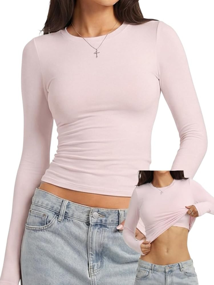 Danysu Double Lined High Round Neck Long Sleeve Tops for Women with Built in Bra Nylon Basic Crop... | Amazon (US)