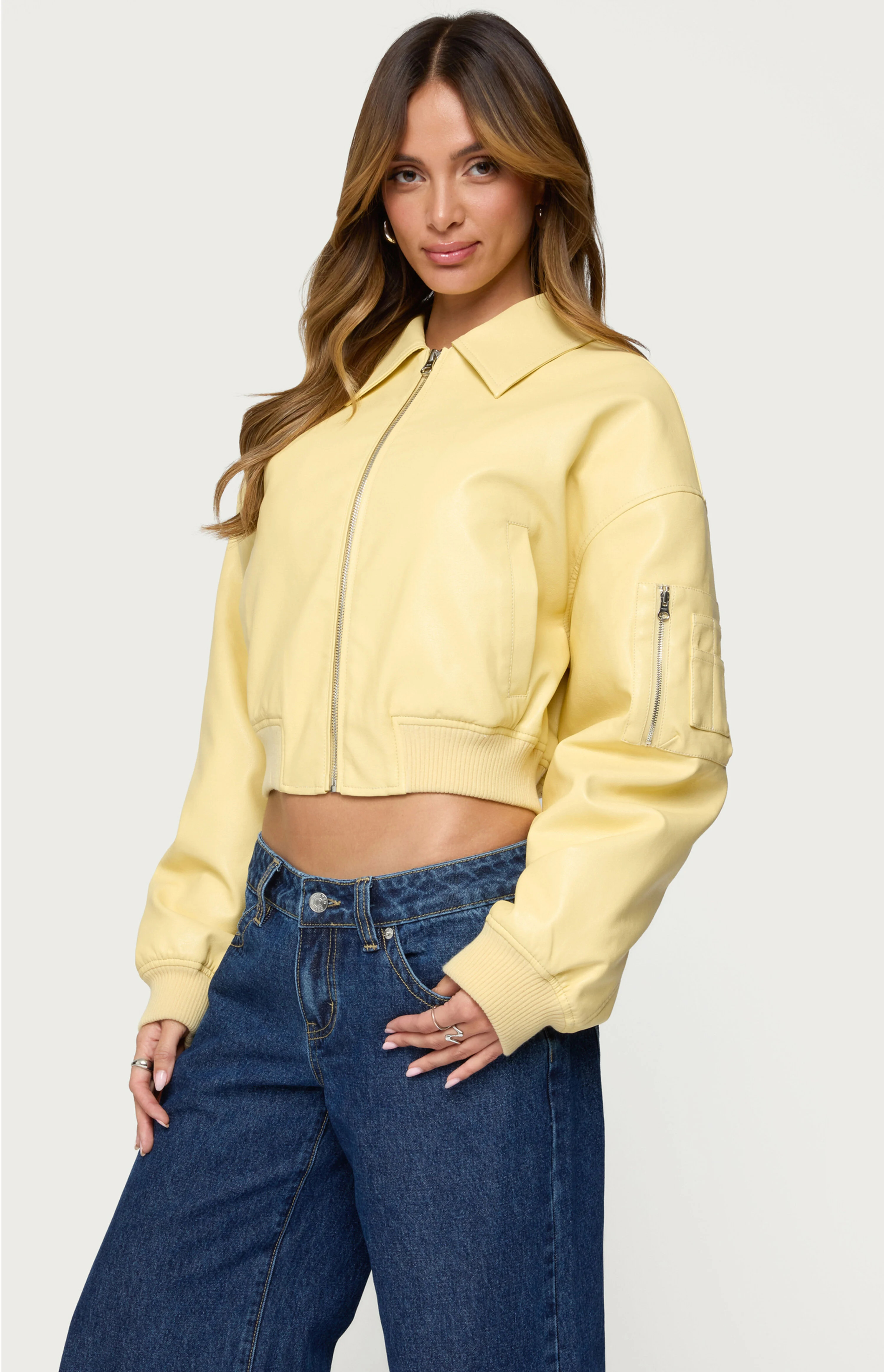 Edikted Zayna Cropped Faux Leather Bomber Jacket | PacSun