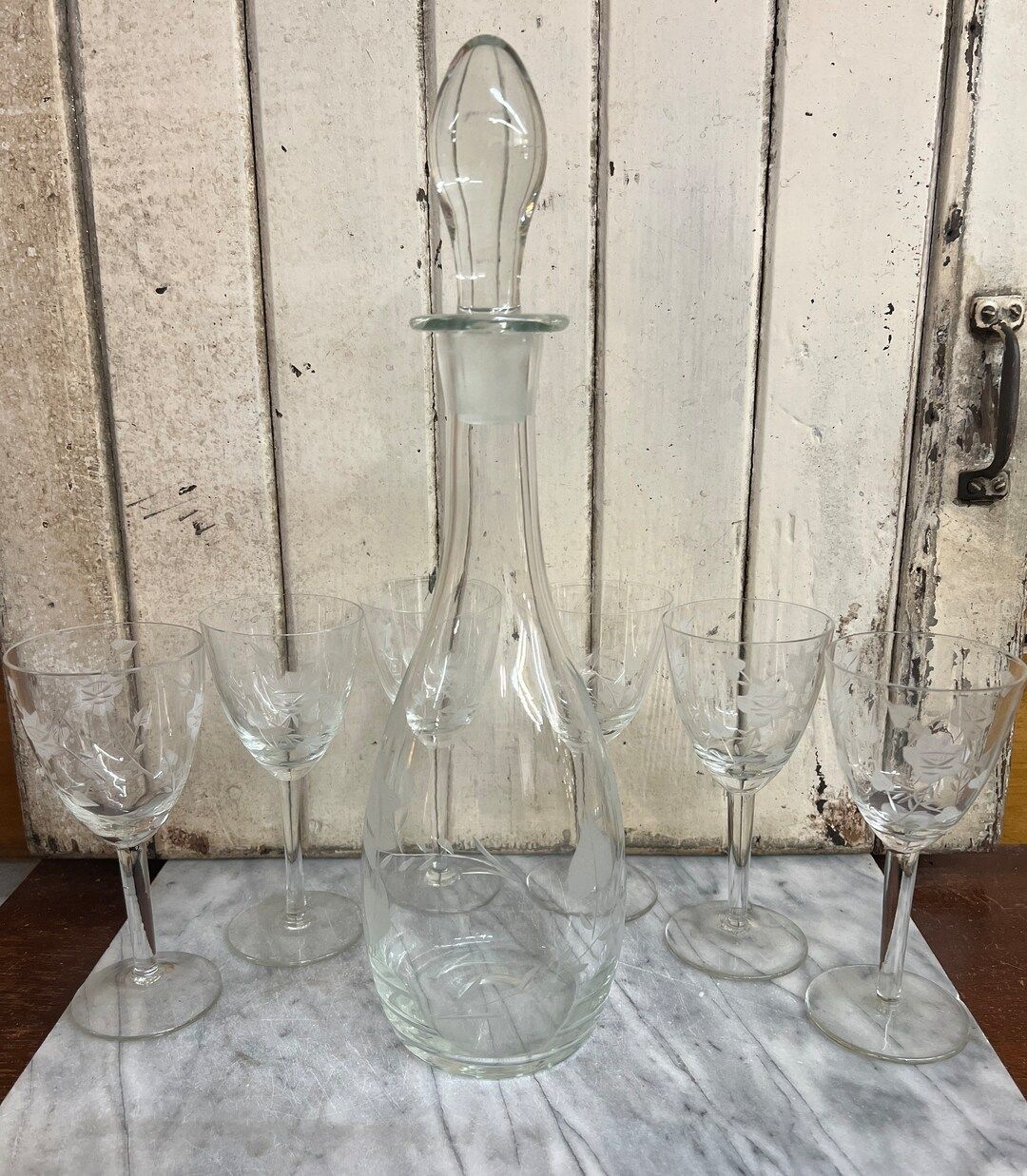 Vintage Etched Glass Decanter With 6 Matching Wine Glasses - Etsy | Etsy (US)