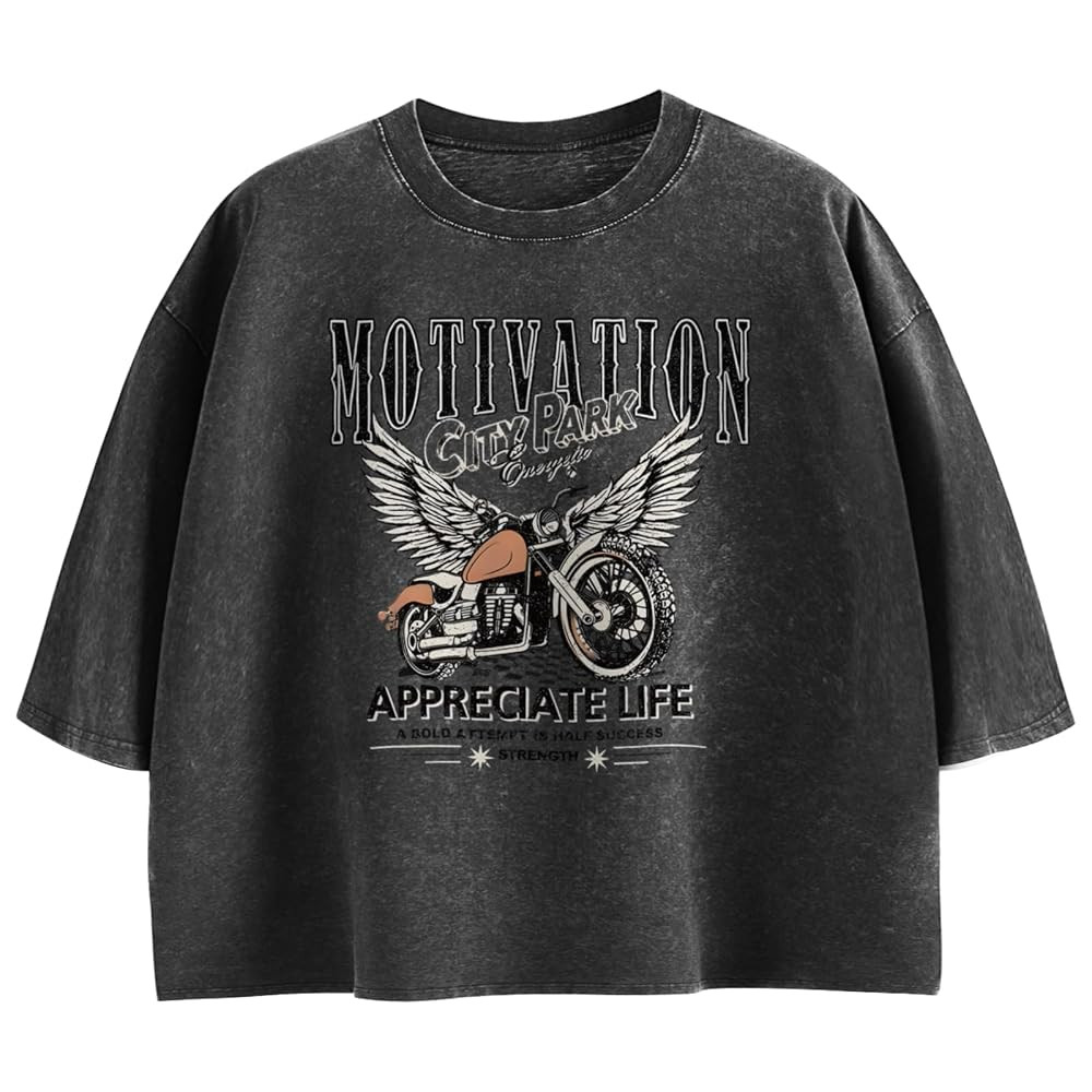 Motorcycle Cropped Graphic Vintage Tees for Women Y2k Aesthetic Baggy Crop Top Acid Wash Motivati... | Amazon (US)