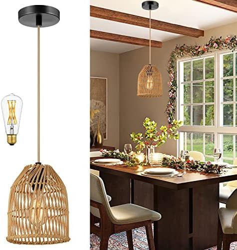 Pendant Lights, Rattan Light Fixture with 72in Golden Cotton Cord, Handwoven Hanging Lamp, Boho L... | Amazon (US)