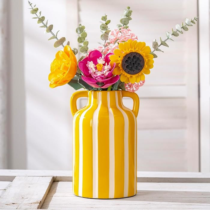 Yellow and White Ceramic Vase with Handles, Stripes Floral Vase for Home Decor, Flowers Kitchen B... | Amazon (US)