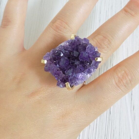 Raw Amethyst Ring, Purple Druzy Ring, Crystal Ring Adjustable, Large Gemstone Ring, Agate Geode, ... | Etsy (US)