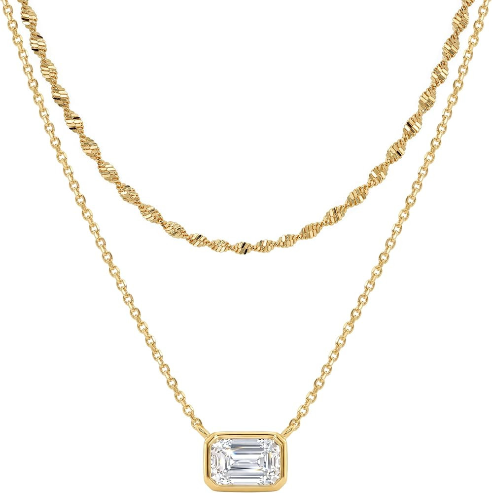 TONTMY STUDIOS Layered Gold Necklace for Women 14K Gold Plated Small Dainty CZ Pendant Layering G... | Amazon (US)