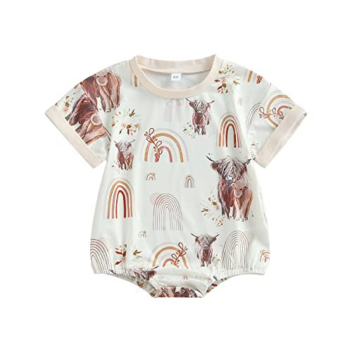 Kayotuas Western Baby Boy Girl Clothes Cow Print Bubble Romper Oversized Tshirt Onesie Short Sleeve Bodysuit Summer Outfits (Beige Highland Cow & Rainbow, 0-6 Months) | Amazon (US)