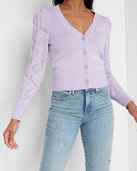 Long Bobble Pointelle Sleeve Button Front Cardigan | Express