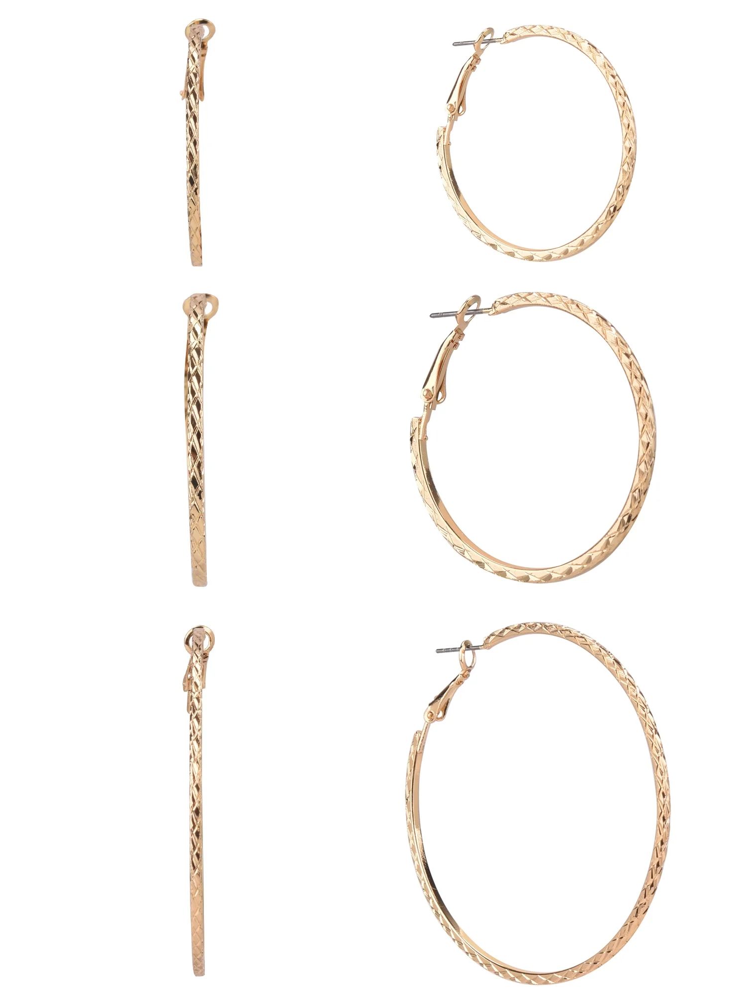 Time and Tru Women's Gold-Tone Textured Hoop Earring Set, 3-Piece | Walmart (US)