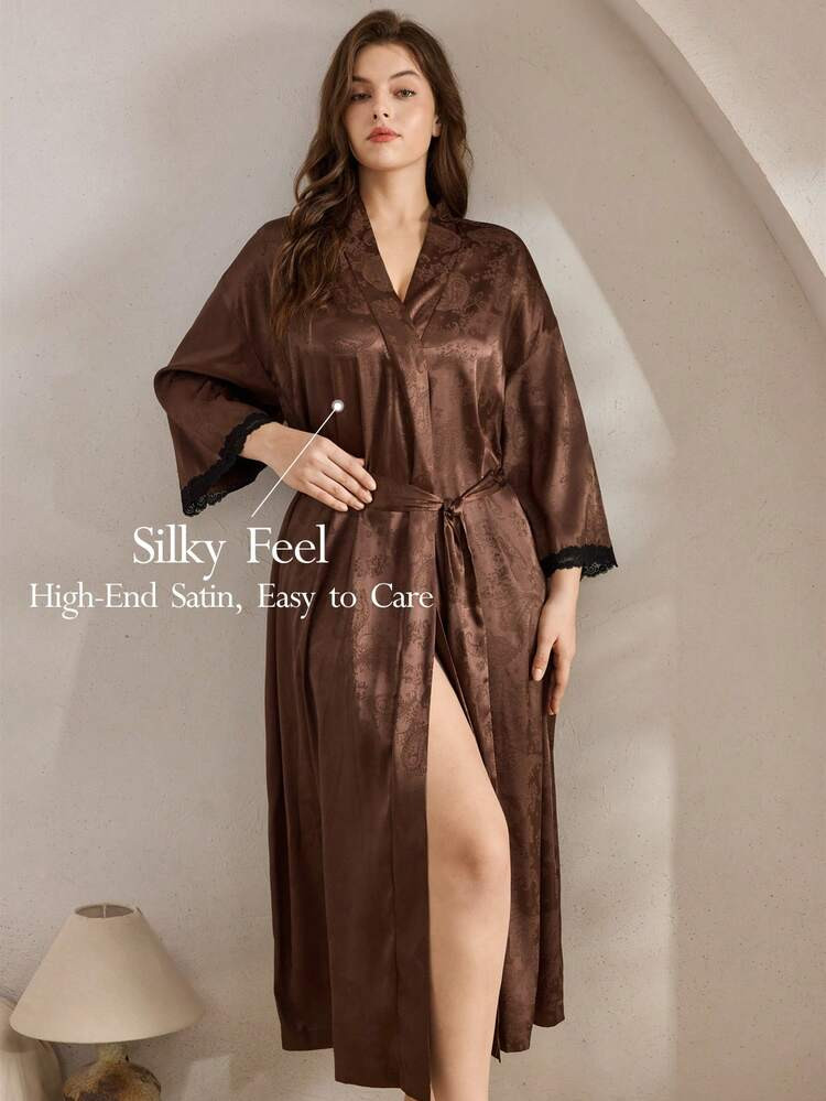 Ocili Satin Jacquard Simple Comfortable Draping Satin Robe With Slit, Plus Size Sleepwear Robe, Winter | SHEIN