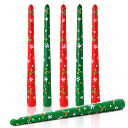 Christmas Taper Candles 10 Inch Tall Set of 6 Unscented Christmas Holly and Snowflake Candlesticks Christmas Party Gift Winter Holiday Dinner Table Decorations Red and Green Candles (No Holder) | Amazon (US)