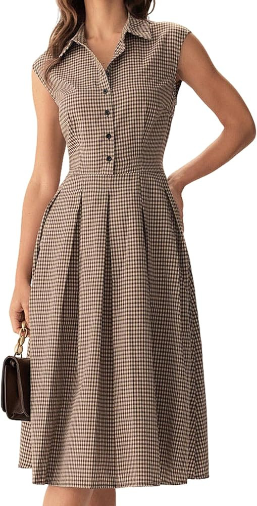 RIHOAS Women's Plaid Dress Sleeveless Button Up Midi A Line Dress Work Casual Premium Dresses | Amazon (US)
