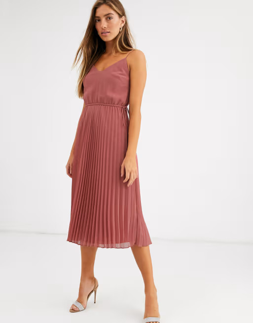 ASOS DESIGN pleated cami midi dress with drawstring waist in dark pink | ASOS (Global)
